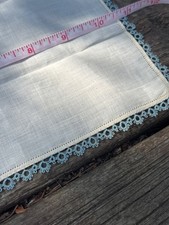 VTG Victorian Edwardian Cotton Handkerchief Hanky Blue Tatted Crocheted Border