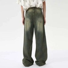 Loose Men's Straight Denim Pants Style Casual Worn-out Design Wide Leg Jeans