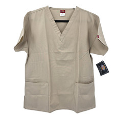 NWT Dickies Unisex Size Medium Scrub Top Beige Short Sleeve V Neck Medical
