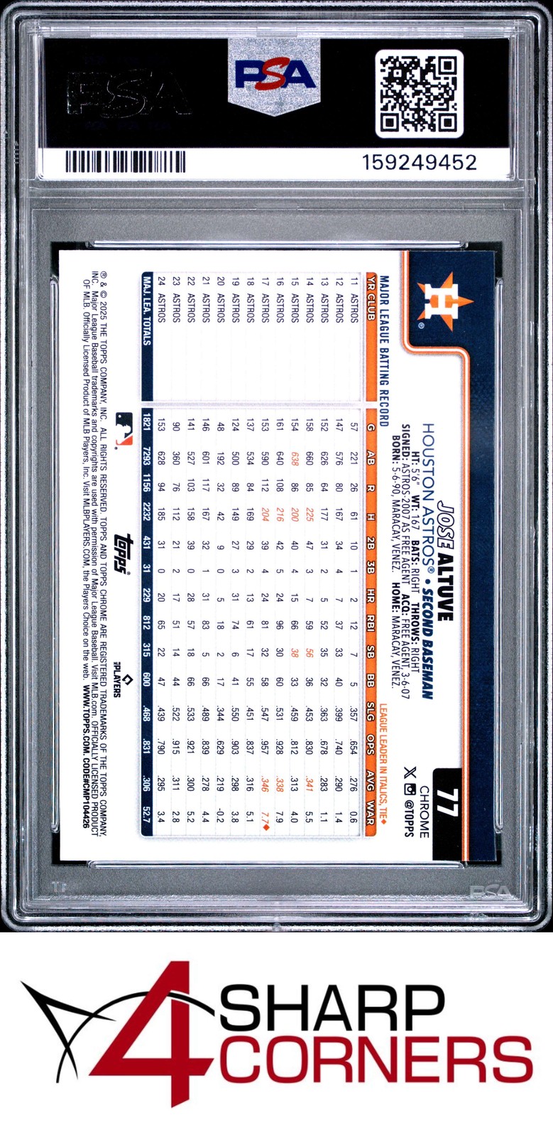 2025 TOPPS CHROME X-FRACTOR #77 JOSE ALTUVE POP 1 PSA 10 view 2