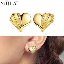 MULA Original Golden Love Heart 925 Sterling Silver Stud Earrings Women Jewelry