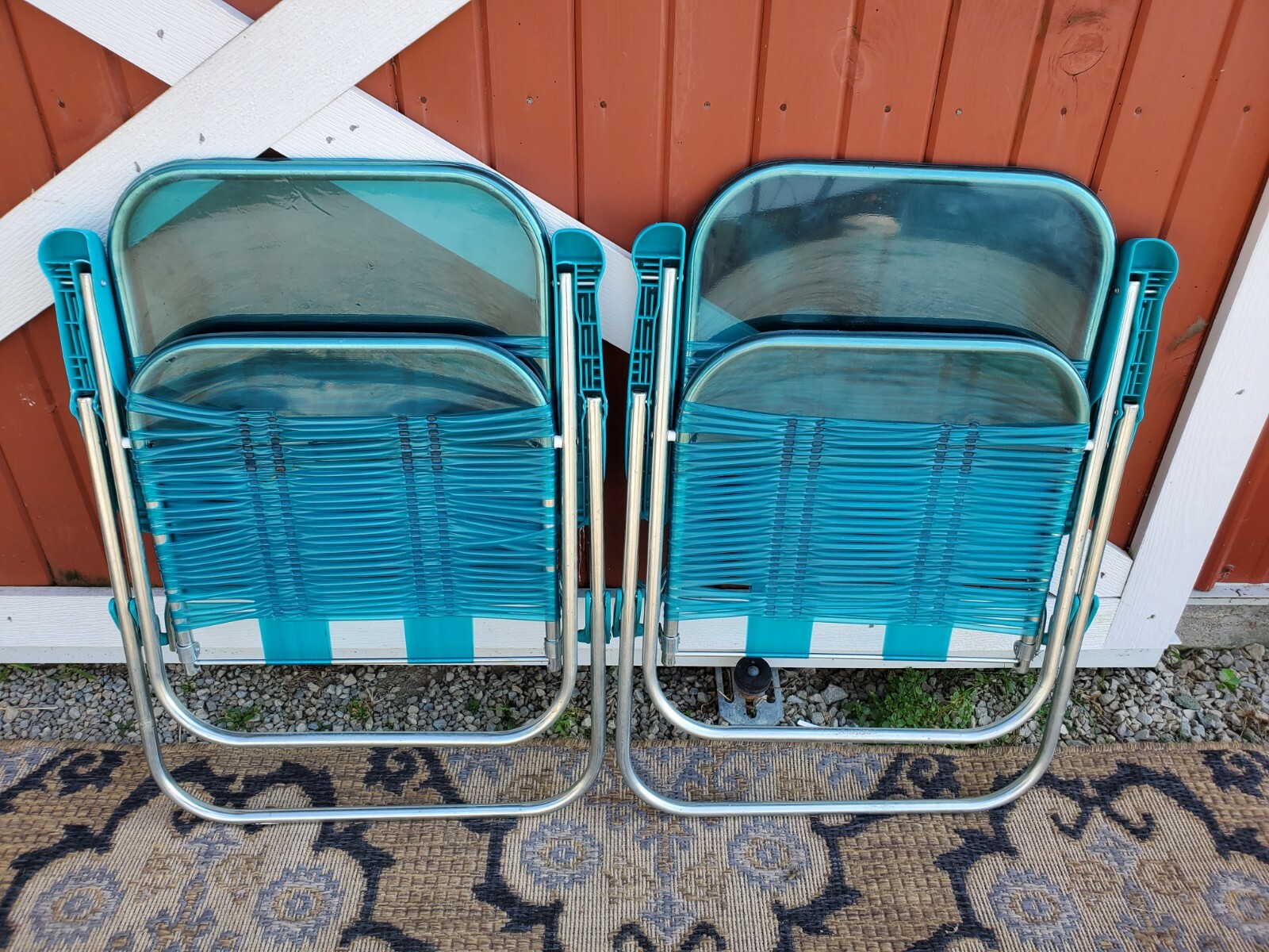 Vintage Folding Lawn Chairs Beach Deck Pool Vinyl Tubing Plastic Light Blue Lot Hoge beoordeling voor verzending van bestelling