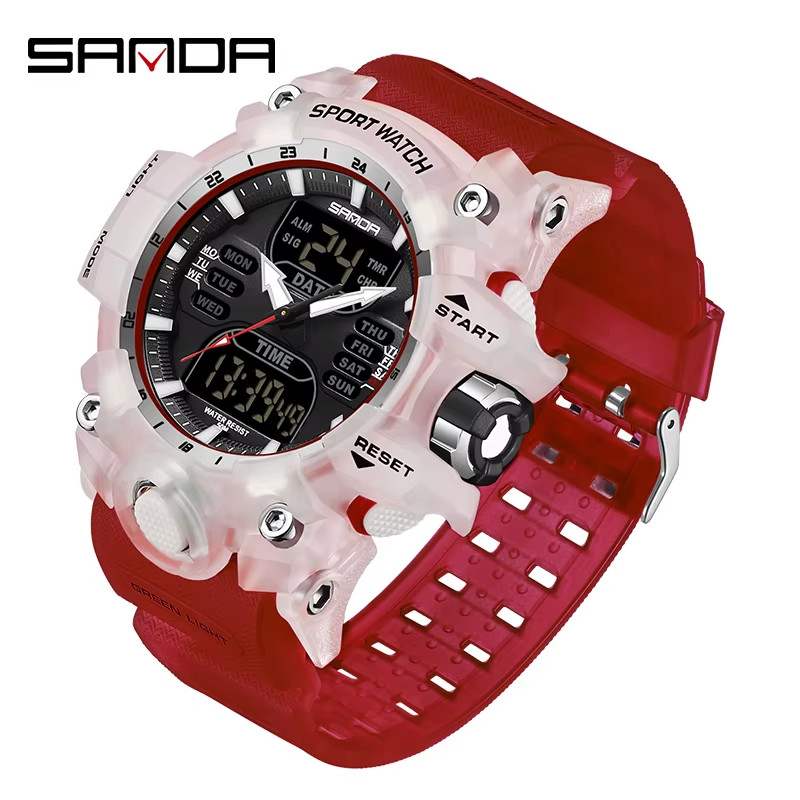 Montre électronique de luxe hommes sport boîtier robuste finitions acier LED analogique