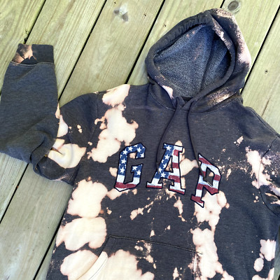 GAP Large Hoodie SPELL OUT Tie Dye Bleach Black Patriotic Flag USA Sweatshirt