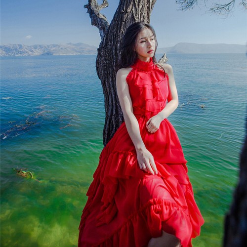 Lady Fairy Sleeveless Ruffled Layered Long Dress Beach Boho Tunic Summer Dress - Picture 4 of 13
