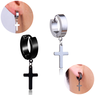 Orecchini Uomo/donna Acciaio Inox – Ciondolo Croce E Piuma Color Argento – Flongo - 3