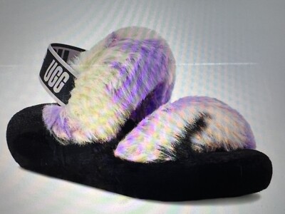 UGG Oh Yeah Tie Dye Slide Slippers Sheepskin Lined Platform Purple Fluff  Puff 10