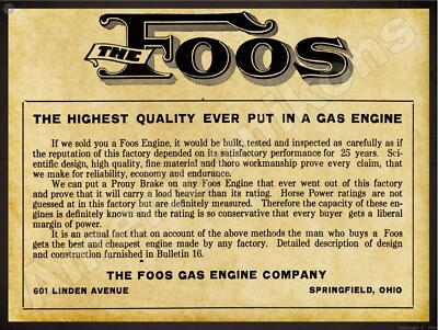 1912 Foos Gas Engines, Springfield NEW Metal Sign 24''x30'' USA STEEL XL Size 7 lb