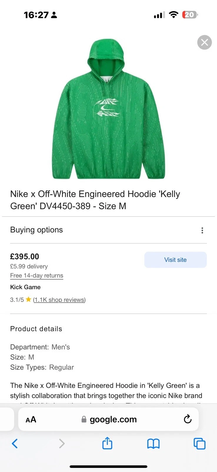 OFF WHITE Felpa con cappuccio bianca verde Nike X Off XXL (dimensioni UK)