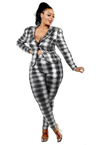 Plus Size Black Silver Sparkle Metallic One Button Blazer Pant Suit Set 1X 2X 3X - 第 1/4 張圖片