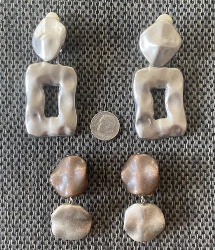 2X Vintage Earrings Brutalist Clip-On Dangle Costume Jewelry Chunky Funky Boho