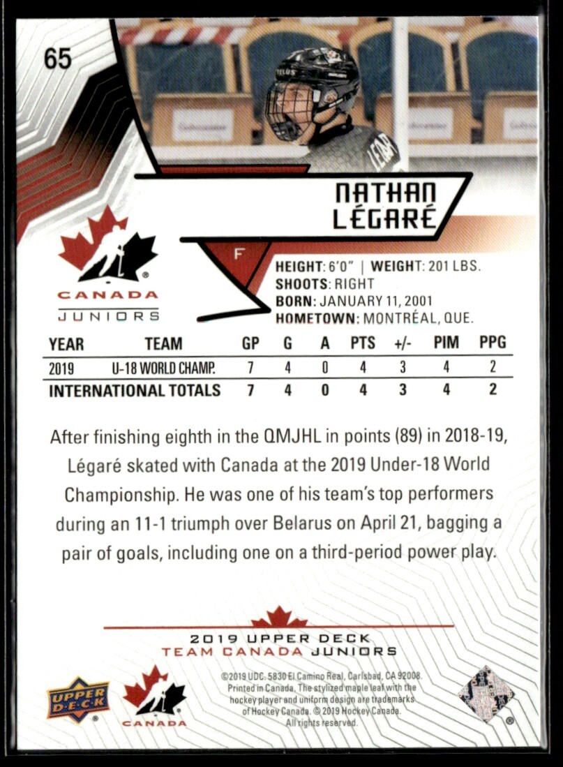 2019-20 Upper Deck Team Canada Juniors Nathan Legare #65