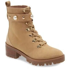 Karl Lagerfeld Womens Perry Combat Boot 10 Sand Moto Boho Lace Up Grunge
