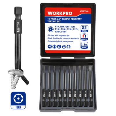 WORKPRO 10pcs Security Torx Bit Set, CNC Machined S2 Steel Star Magnetic Tips