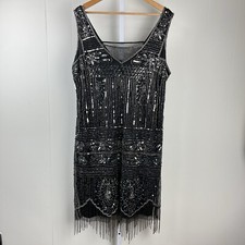 Pisarro Nights Dress Black Silver Beaded Sequin Sleeveless Cocktail Formal 18W