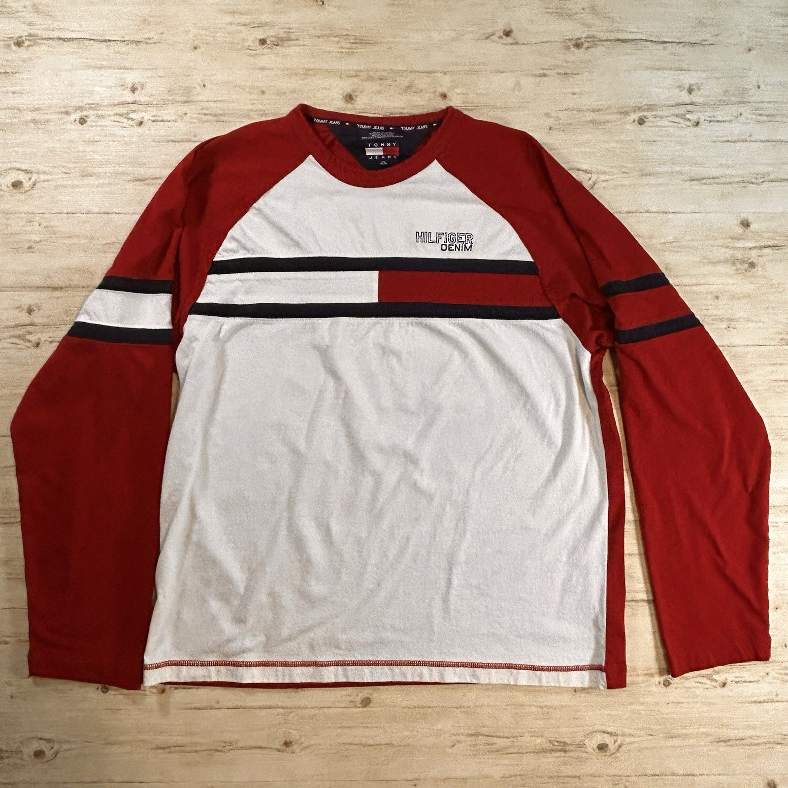 VTG 2001 Tommy Jeans Hilfiger Denim XL Long Sleeve Red White Colorblock Tee FLAW