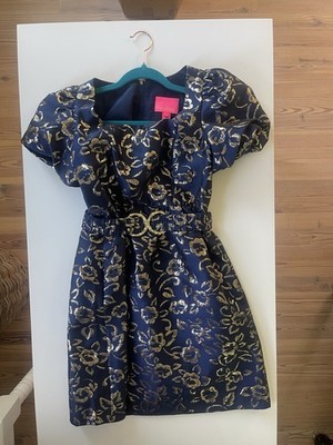 Lilly Pulitzer Navy Gold Metallic Floral Fit & Flare Dress Size 0 Cocktail  | eBay