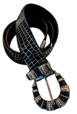CHICO'S BLACK-SILVER FOIL-STAMP SNAKE BELT, ART DECO RHINESTONE BUCKLE, M 35-39