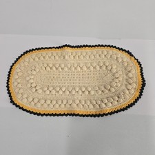Vintage Small Oval Crochet Rug Cream Yellow Black Bobble Textured Accent Mat