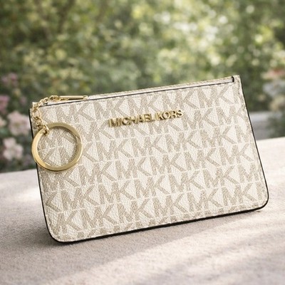 Michael Kors Small MK Signature Keychain Ring Coinpouch ID Holder Wallet Vanilla