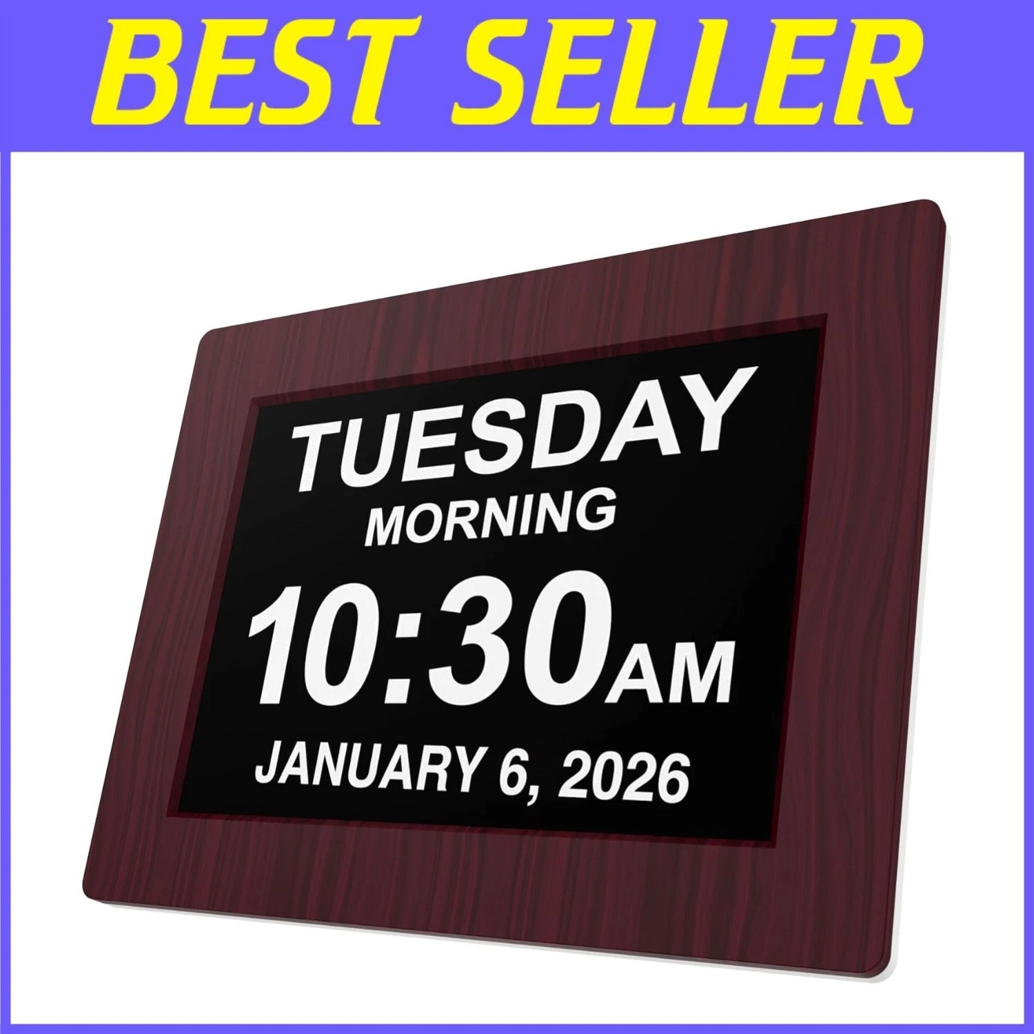 Extra Large Day Clock with 5 Alarms, Mahogany Color