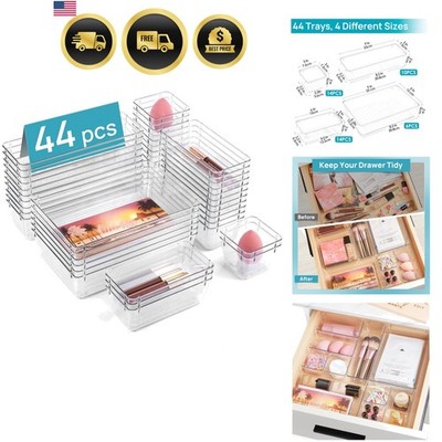 44 PCS Clear Plastic Drawer Organizers Set, 4-Size Versatile Bathroom and Van...
