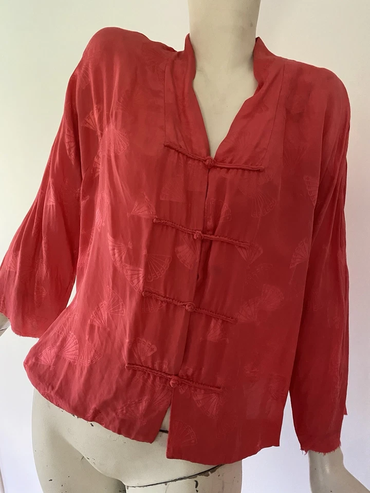 Conjunto de pijama de seda vintage rosa asiático chino dinastía años 50 parte superior inferior abanico estampado como está Foto 3 de 4