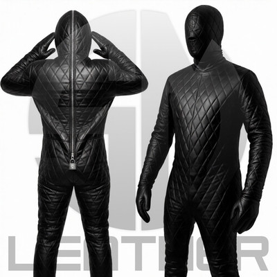 Quilted Leather Bondage Suit Hooded Full Body Restraint Catsuit Custom Made