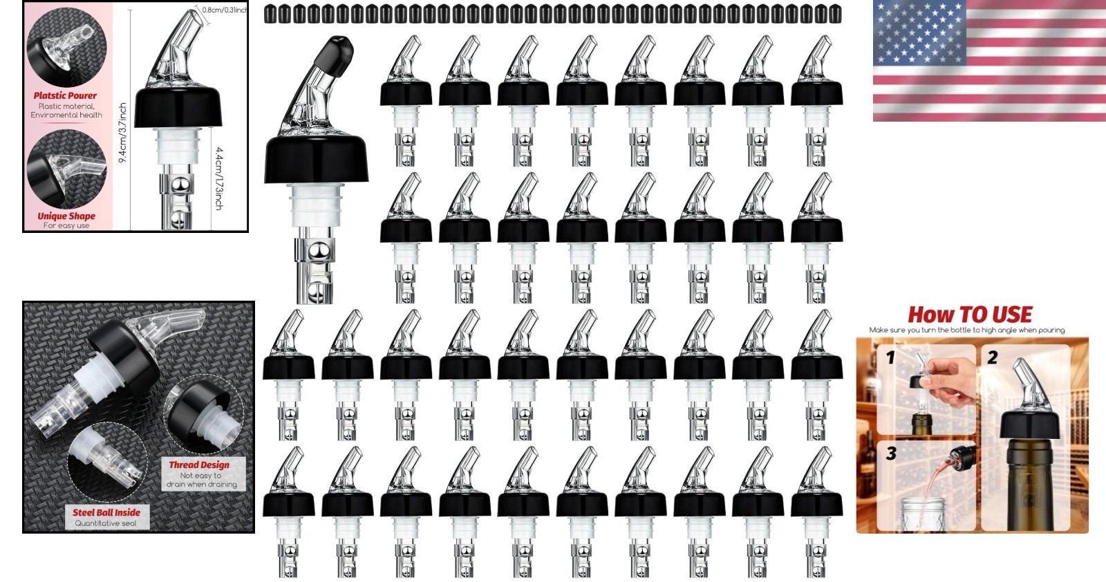 40 Automatic Liquor Pour Spouts with Caps - Precision Shots in Clear & Black
