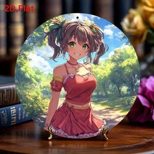 2D Flat Anime Girl Wall Art Decoration- Vintage Aluminum Foil Round Hanging W/Wr
