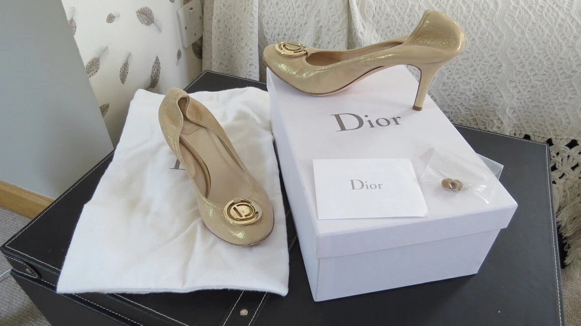 Dior sparkly pale gold brushed leather stiletto heels with box