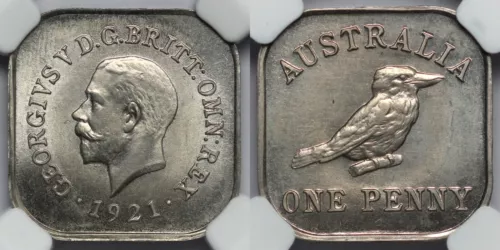 NGC Graded MS66 Australia 1921 Pattern Kookaburra Penny Square Coin Top Pop