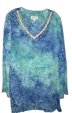 NORM THOMPSON BEADED TUNIC TOP BLOUSE SZ L BLUE GREEN V NECK RAYON EUC