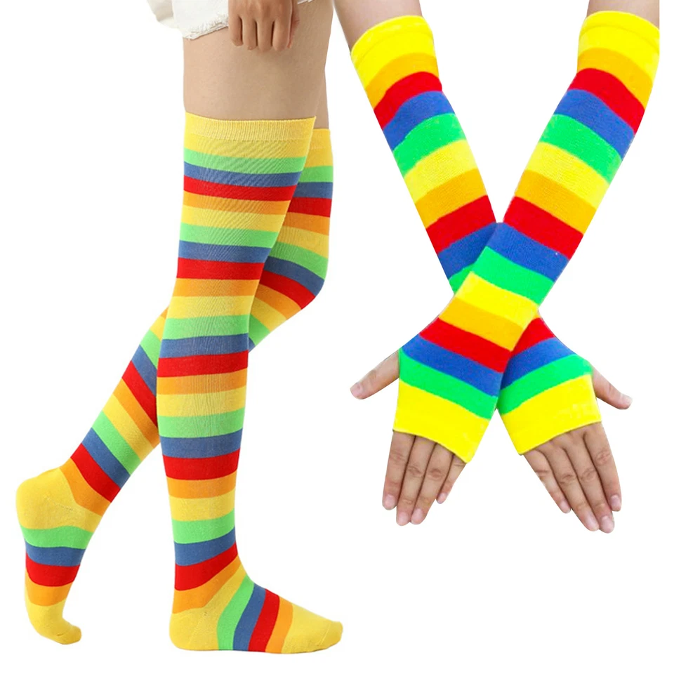 Mujeres Niñas Arco Iris Rayas Rodilla Muslo Calcetines Calentador de Brazos Guantes Ropa de Fiesta Foto 2 de 2
