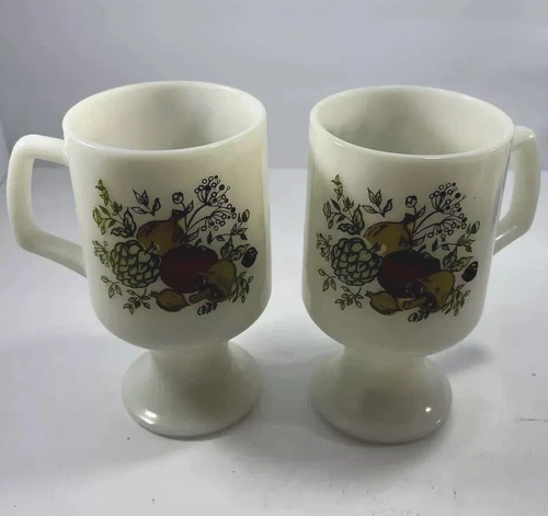 Pair of Vintage Corning Ware Spice of Life Milk Glass Pedestal Mugs Coffee Cups