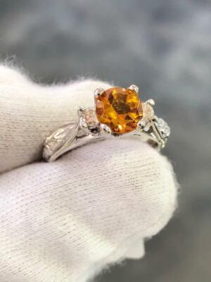 14k Oro Blanco Original Diamantes & Citrine Dorado Corte Redondo Grabado Ring Sz