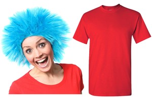 Blaue Perucke Und Roten T Shirt Ding Kostum Erwachsene Welt Buch Tag Kostum Ebay