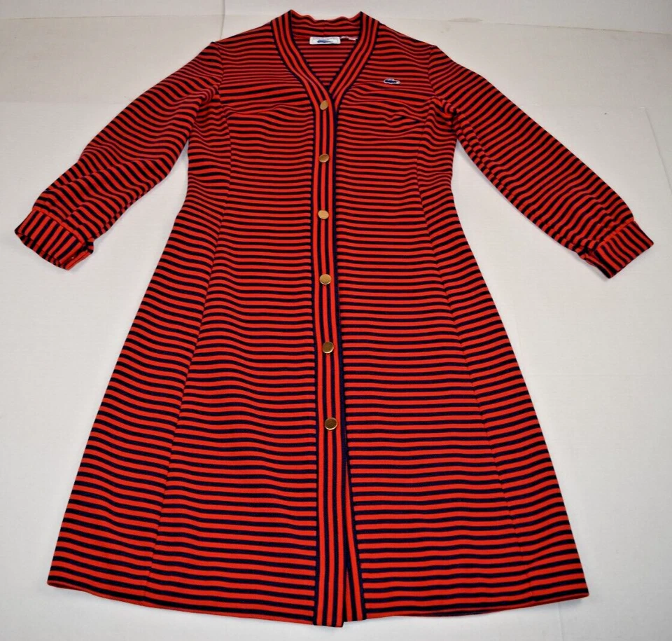 Vestido Lacoste De Colección Chemise Lacoste Talla 14 M/L Años 70 Naranja Vibrante Azul Marino Rayas LS Foto 4 de 4
