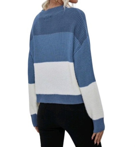 Womens Sweater Round Neck Long Sleeve Color Block Sweaters Womens Tops - Picture 2 of 17