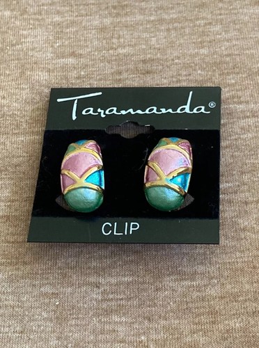 Taramanda Clip On Earrings C Hoops Pink Aqua Enamel Gold Tone C102-22