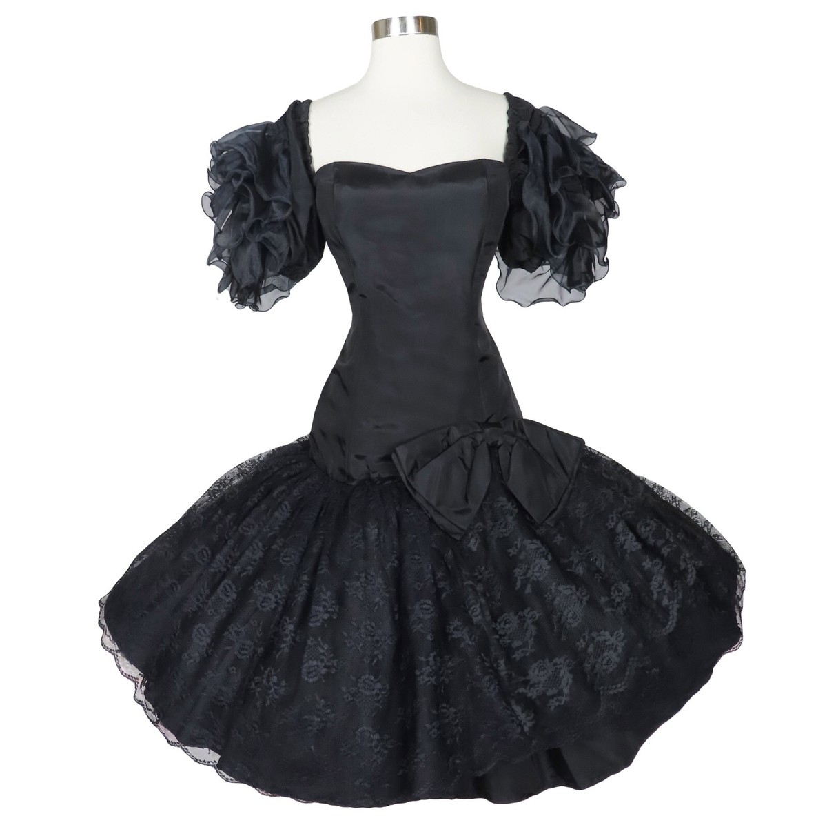 Vintage 80s Black Lace Taffeta Full Skirt Bow Ruffle Sleeve Prom Party  Dress S
