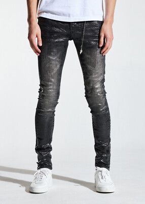 En Noir Men's Cash Black Wax Coated Skinny Fit Denim Jeans