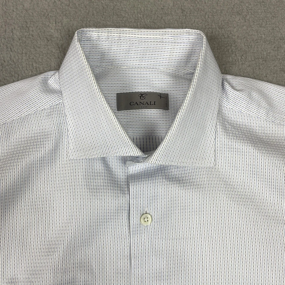 Camisa de vestir Canali para hombre 17 43 azul blanco a rayas hecha en Italia manga larga Foto 2 de 4