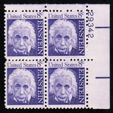 U.S. Stamp, Scott #1285, 8¢ Albert Einstein, 1965, Plate Block of 4, MNH/FV