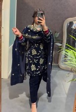 Readymade Blue Pure Viscose Velvet Salwar Kameez With Dupatta For Festival