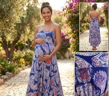 Motherhood Maternity Strapless Paisley Dress S Blue & Coral Rayon Blend