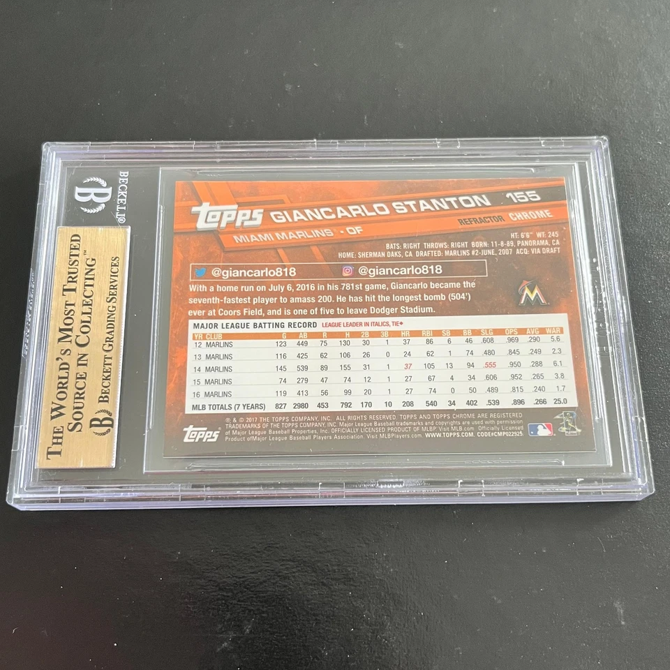 2017 Topps Chrome Pink Refractors #155 Giancarlo Stanton BGS 10 PRISTINE Marlins - Image 2 of 2