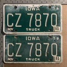1985 Iowa truck license plate pair YOM DMV Ford Chevy Dodge 21539