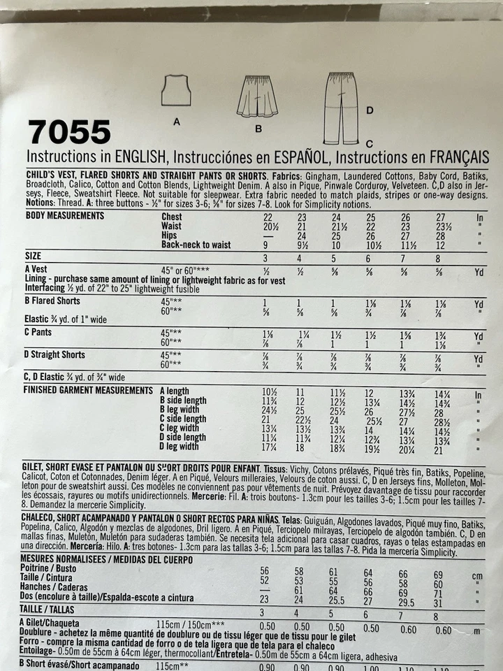 Simplicity 7055 Vest Shorts Pants Pattern Childs A3-8 New Uncut FF - Image 3 of 4