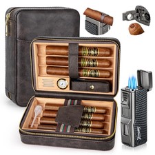 Cigar Humidor, Travel Humidor Cigar Box and Cigar Lighter, Leather Cigar Case wi